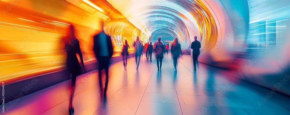 Poster abstract motion blur of people in a modern futuristic walkway with bright neon colors : generative a