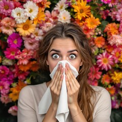 sick woman blowing her nose