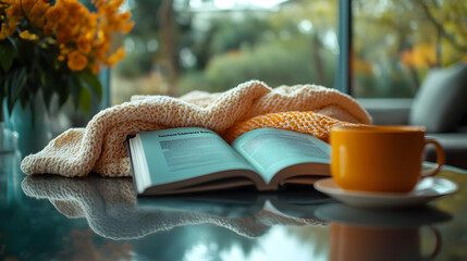 Glossy Background with Soft Folded Blanket and Open Caregiving Book for Comfort and Caregiving Resources
