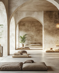 Calm and serene interior of a minimalist wellness space featuring neutral tones and soft textures