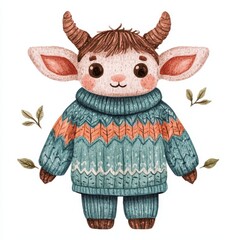 Obraz premium Cute Cartoon Goat in Knit Sweater Autumn Winter Childish Cozy Illustration