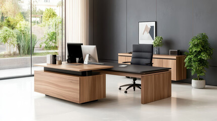 Modern Executive Office Desk Setup - Luxury office, modern design, sleek workspace, efficient organization, natural light.