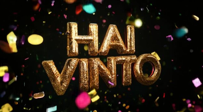 3D golden text "hai vinto" with confetti, on a black background. Italian language