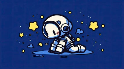 Fototapeta premium Cute Astronaut Crawls on Moon, Starry Night