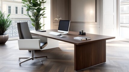 Fototapeta premium Modern Minimalist Office Workspace - Elegant office design, showcasing a sleek desk, modern chair, natural light, and simple decor. Symbolizing productivity, sophistication, efficiency, calm, and suc