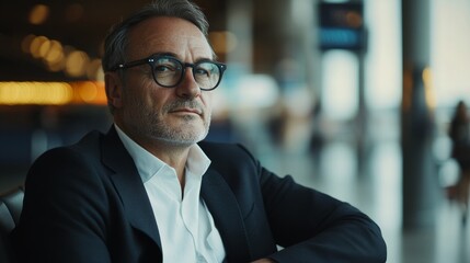 Fototapeta premium Experienced businessman waiting at the airport terminal, sitting with a briefcase, looking thoughtful and professional in a modern travel setting