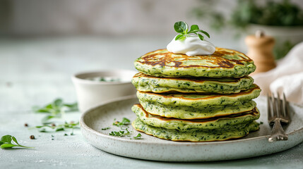 Fluffy spinach pancakes topped with sour cream and herbs