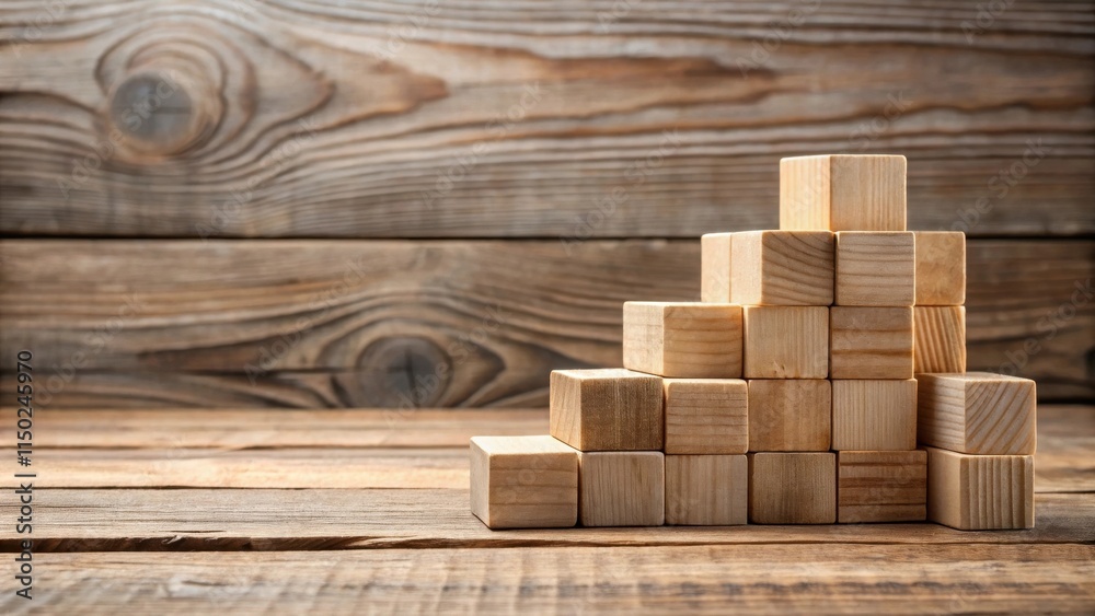 Poster Wooden blocks arranged in a stair-step pattern on a rustic wooden surface