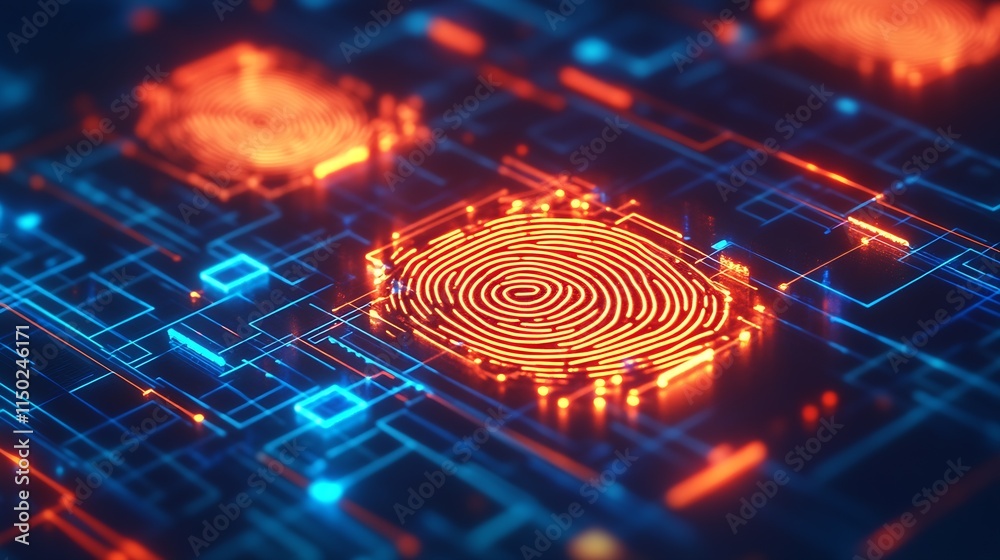 Poster Futuristic Digital Fingerprint on Circuit Board Representing Cybersecurity : Generative AI