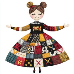 Naklejka premium Whimsical Patchwork Doll Cute Girl in Colorful Dress Handmade Craft Childrens Illustration