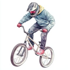 Obraz premium BMX Rider Watercolor Illustration Extreme Sports Action Freestyle Bicycle Athlete Helmet Gear