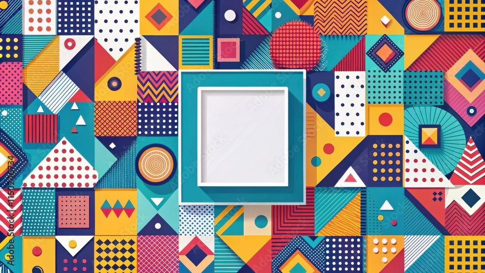 Poster Vibrant Geometric Pattern Background with Central Blank Frame for Text or Image Presentation