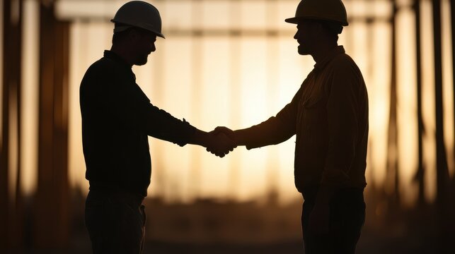 Handshake between carpenter and customer at construction site, symbolizing trust and collaboration in building projects. silhouettes are set against warm sunset