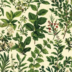 Fototapeta premium Botanical Illustration of Lavender and Mint with Detailed Green Leaves