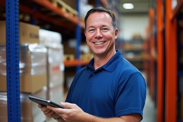Smiling man in blue polo shirt holding tablet in warehouse, showcasing friendly and professional demeanor while surrounded by boxes and shelves