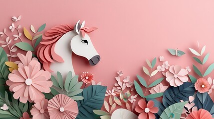 Horse  papercut layered with floral patterns and pastel hues, celebrating nature and the essence of Lunar New Year
