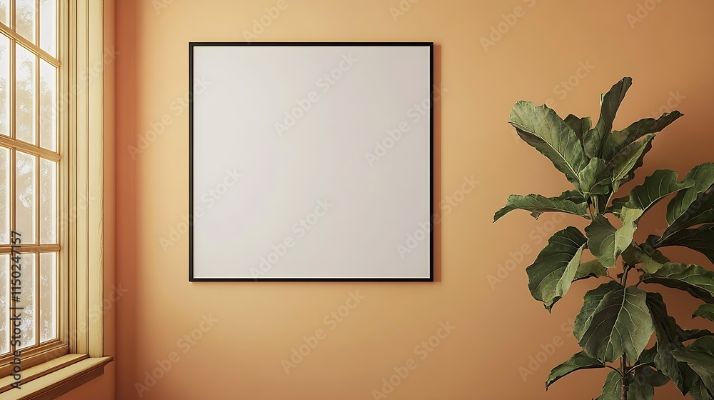 Aufkleber minimalistic peach background with blank square frame and green plant for modern interior decor : ge