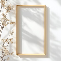 Elegant Minimalistic Gold Framed Empty Art Canvas with Natural Shadows on White Wall Background : Generative AI