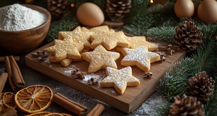 Fototapeta premium Holiday baking display with gingerbread cookies and festive decorations on wooden board
