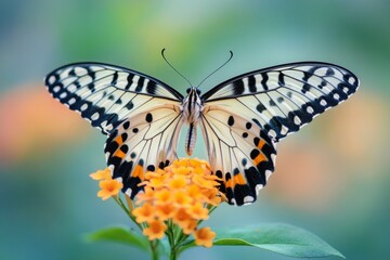 Fototapeta premium Butterfly perched on blooming wildflower in a serene natural setting