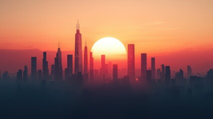 Fototapeta premium futuristic city skyline at sunset, showcasing tall buildings and vibrant sun. scene evokes sense of innovation and progress in urban architecture
