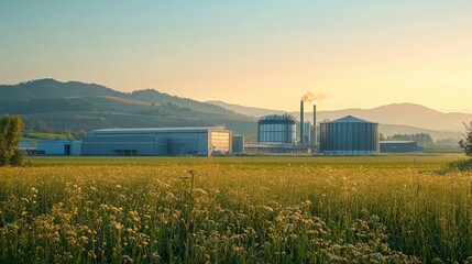 Industrial Landscape at Sunset with Smokestacks