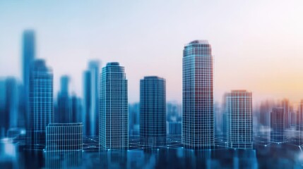 Fototapeta premium Futuristic city skyline with digital grid overlay, showcasing modern architecture and renewable energy concepts. scene evokes innovation and sustainability