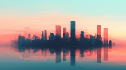 Obraz premium Futuristic city skyline with reflections in water at sunset, showcasing modern architecture and vibrant colors. serene and innovative atmosphere is captured in this stunning scene
