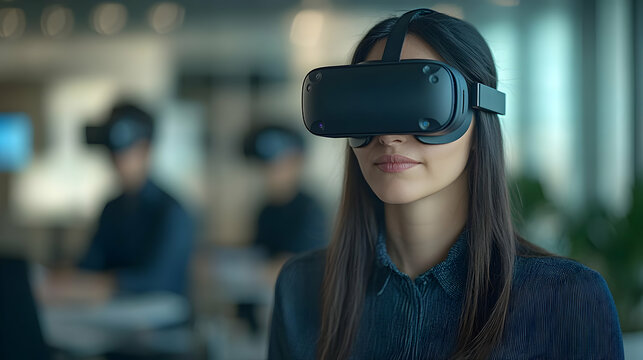 Employees Engaged in Virtual Reality Workshop for Professional Development Using VR Headsets in Modern Office Setting