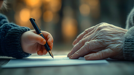 Macro Image Child Hands Pen Elderly Person Document Close Up Trust Intergenerational Care Support Decisions