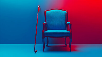 Empty Chair with Cane on Glossy Surface Symbolizing Senior Care and Support - Ideal for Intergenerational Care Themes