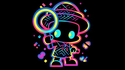 Obraz premium Vibrant Neon Cartoon Character Holds a Magnifying Glass, Illustrating a Playful and Abstract Design with Bold Colors and Geometric Shapes, Against a Black Background.