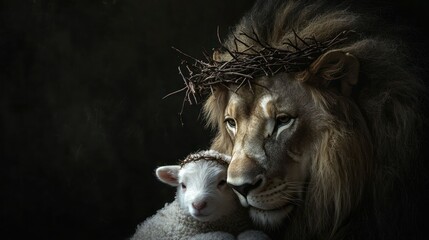 Biblical symbolism lion and lamb Jesus crowned with thorns on black background. Concept Religious Art, Lion and Lamb, Biblical Symbolism, Jesus Crown of Thorns, Black Background © Samady