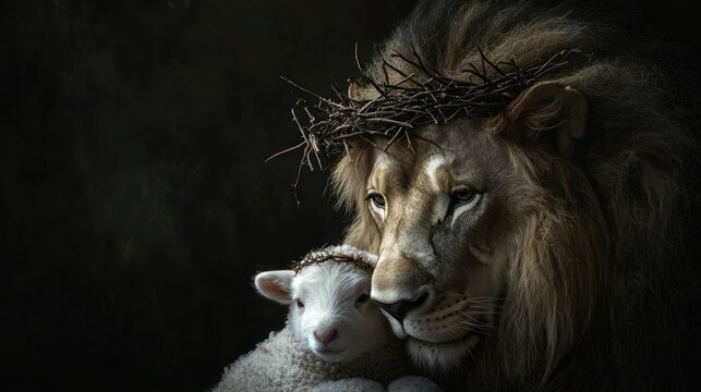 Biblical symbolism lion and lamb Jesus crowned with thorns on black background. Concept Religious Art, Lion and Lamb, Biblical Symbolism, Jesus Crown of Thorns, Black Background