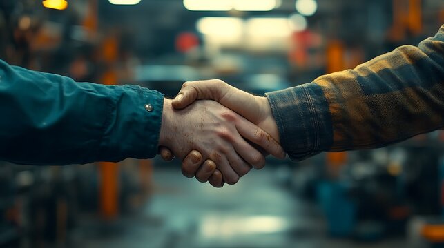 A close-up handshake between a mechanic with grease-stained hands and a car owner in casual attire, set in an auto repair shop. Background features blurred tool racks and a car lift,