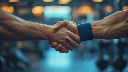 A close-up handshake between a personal trainer with muscular arms and a client wearing workout gloves, set in a modern gym. Background features blurred dumbbells and gym machines,