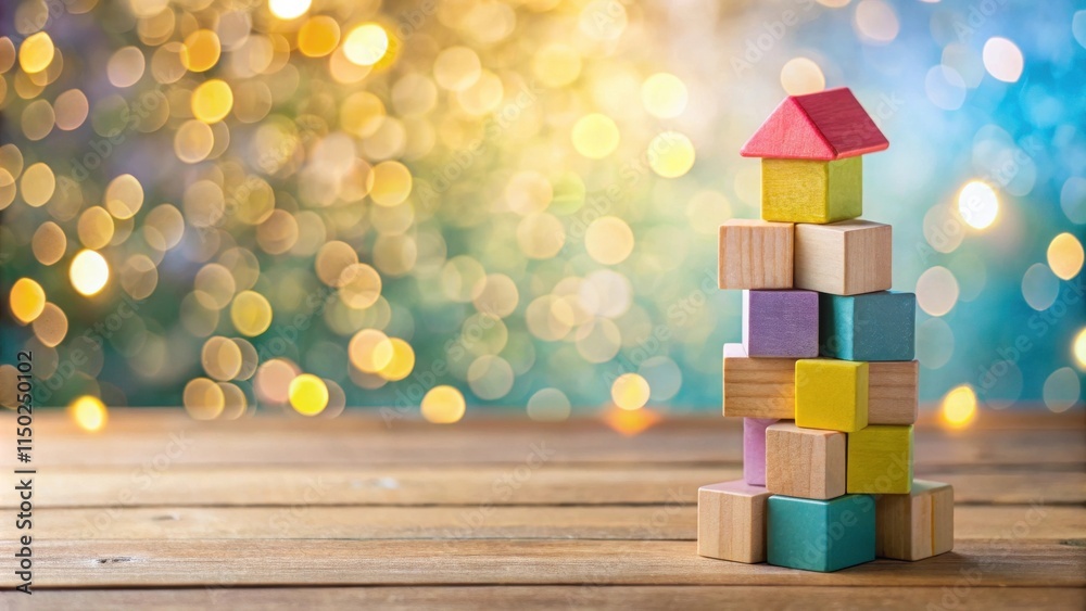 Poster Colorful Wooden Blocks Forming a House Shape on a Wooden Table Against a Festive Bokeh Background