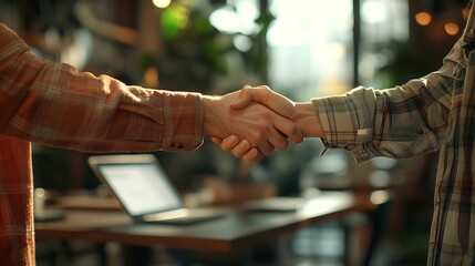 A close-up handshake between a tech entrepreneur and a startup mentor, one hand holding a tablet. Modern co-working space background with open desks and laptops softly blurred.