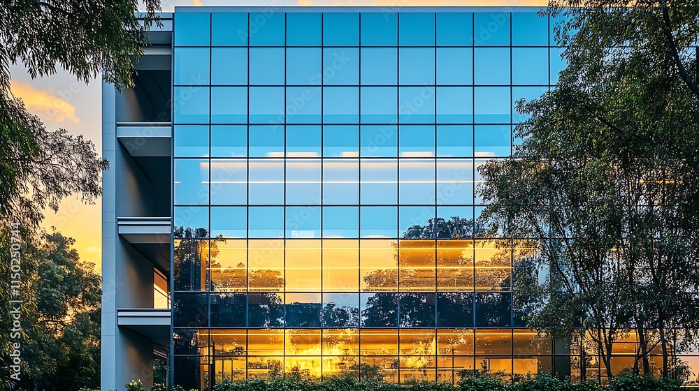Poster architectural glass building with lush greenery and sunset reflection : generative ai