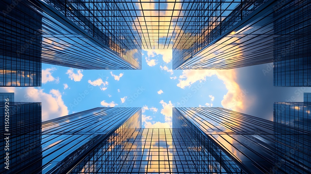 Poster looking up at reflective skyscrapers meeting the sky and clouds : generative ai
