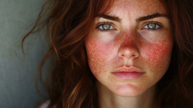 Closeup image of womans red facial rash caused by lupus allergy. Concept Skin Conditions, Lupus Allergy, Facial Rash, Closeup Image, Women's Health