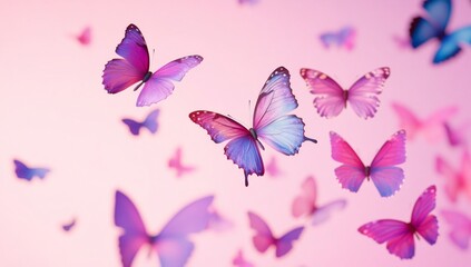 Pink background with colorful pastel butterflies flying, featuring butterfly pattern and ample white space for text.