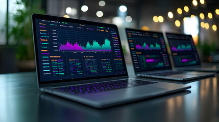 Marketing team analyzing trends on laptops plain background copy space on top. concept as A marketing team analyzing market trends on laptops captured against a plain background emphasizing data drive