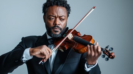 An elegant violinist plays a violin passionately while wearing a formal black suit, expressing the...