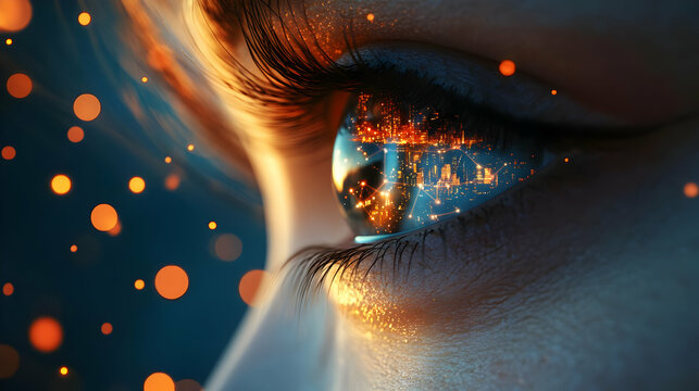 Close up of eye with digital network overlay reflecting city lights concept as A macro image of an eye with a digital network overlay reflecting the lights of a city skyline. This symbolizes the visio