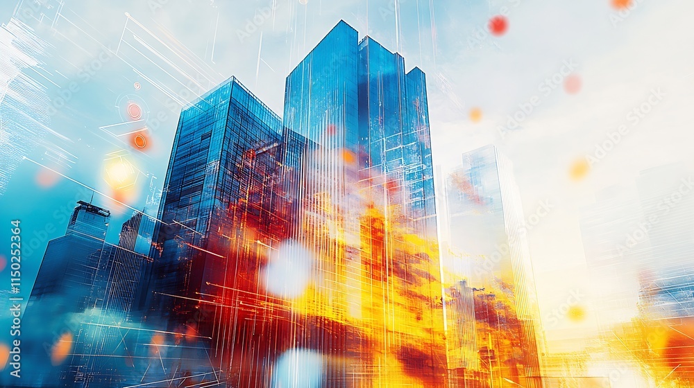 Aufkleber futuristic skyline with digital art elements in vibrant urban setting : generative ai