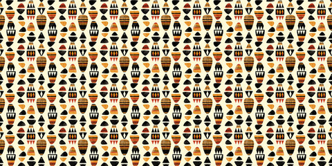 Abstract African art shapes seamless backgrounds, tribal geometric decoration patterns. Colored flat boho symbols illustrations
