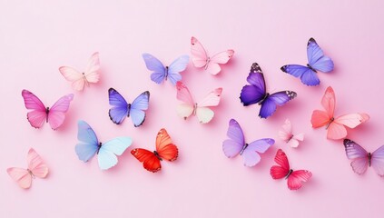 Elegant minimalist butterflies in soft pastel colors on pink background. Delicate wings in various directions, perfect for wedding cards and social media.