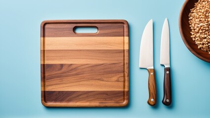 Minimalist rectangular wooden cutting board mockup with smooth striped design for food prep