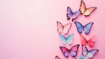 Elegant minimalist butterflies in soft pastel colors on pink background. Delicate wings in various directions, perfect for wedding cards and social media.